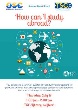  You can spend a summer, quarter, or year studying abroad and still graduate on time! This workshop addresses academic considerations, finances, scholarships, and career benefits.