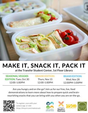Are you hungry and on-the-go? Join us for our free, live, food demonstrations to learn more about how to prepare quick and brain nourishing snacks that you can bring with you when you are on-the-go.