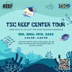 TSC REEF Center Tour graphic, blue background with ocean elements such as fish, reefs, and bubbles