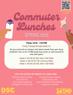 Commuter Lunch graphic flyer with pink background, text describing event, date and time, TSC and OSC logos