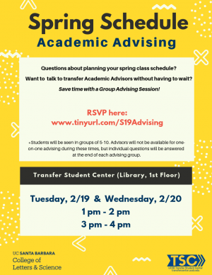 Questions about planning your spring class schedule?   Want to  talk to transfer Academic Advisors without having to wait?   Save time with a Group Advising Session!