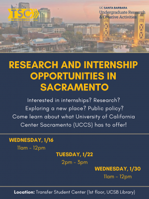 Interested in internships? Research?   Exploring a new place? Public policy?  Come learn about what University of California Center Sacramento (UCCS) has to offer! 