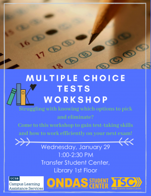 Struggling with knowing which options to pick and eliminate? Come to this workshop to gain test-taking skills and how to work efficiently on your next exam!